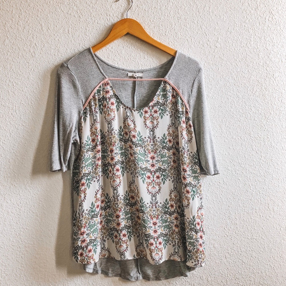 Maurices Floral Panel 3/4 Sleeve Keyhole Comfy Tee
